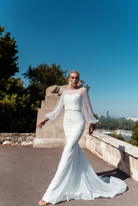 Tina Holly BB016 Wedding Mermaid Train Flowy Evening Fabric Dress