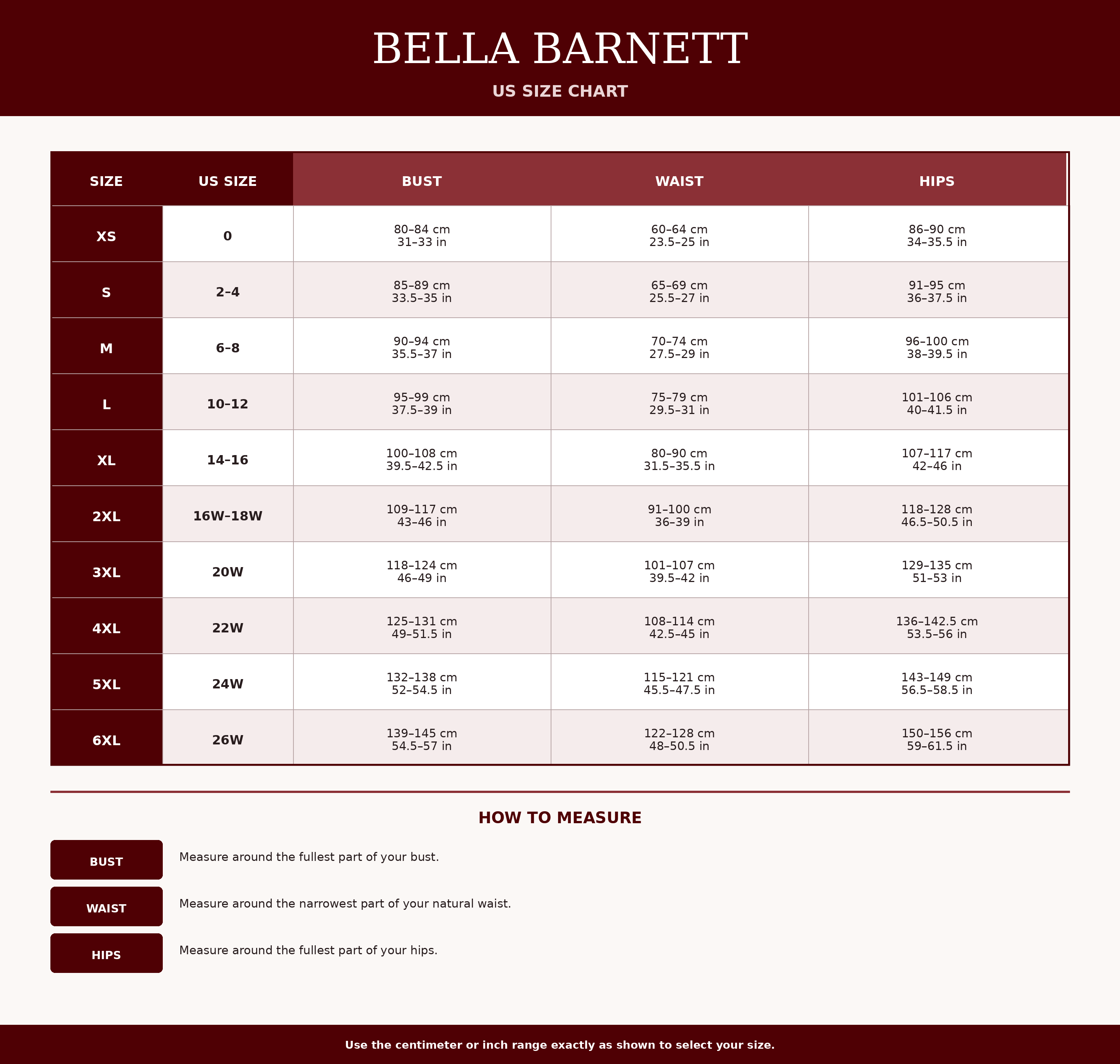 Bella Barnett Size Chart