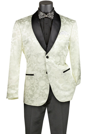 Blazer de fiesta para hombre, corte entallado, de jacquard sedoso con estampado paisley a tono en color crema marfil