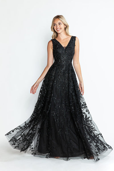 Vestido formal largo con escote en V y sin mangas, corte A, de Lenovia 8337 (Nueva colección)