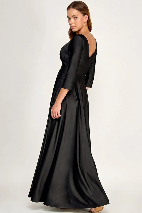 Ruched Bodice V-Neck 3/4 Sleeve A-Line Full-Length Mother of the Bride Dress by Perrty 3132