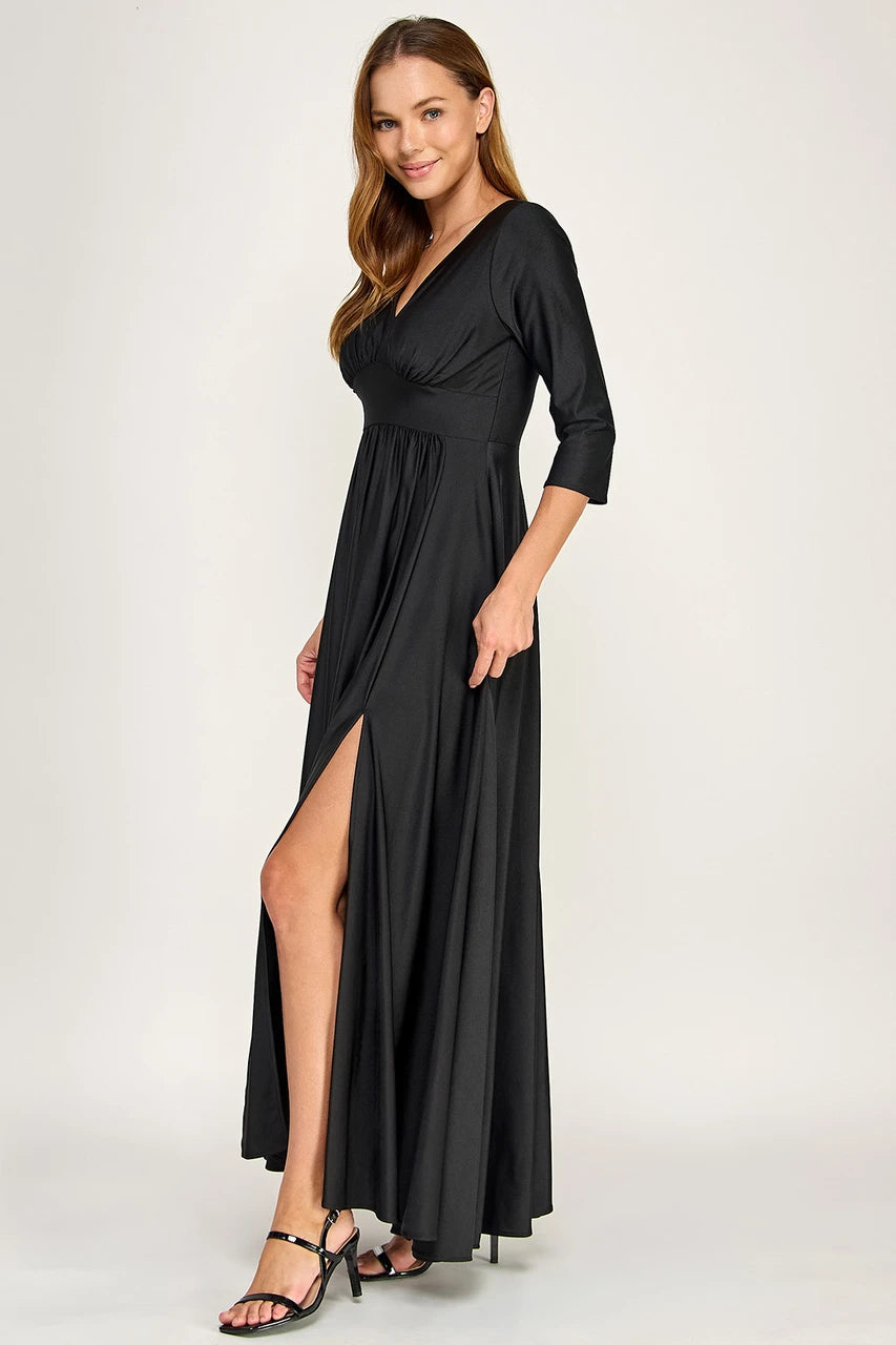 Ruched Bodice V-Neck 3/4 Sleeve A-Line Full-Length Mother of the Bride Dress by Perrty 3132