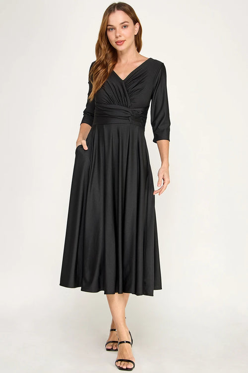 3/4-Sleeve Satin Twist-Front Midi Mother of the Bride Dress V-Neck Evening Dress by Perrty 3127