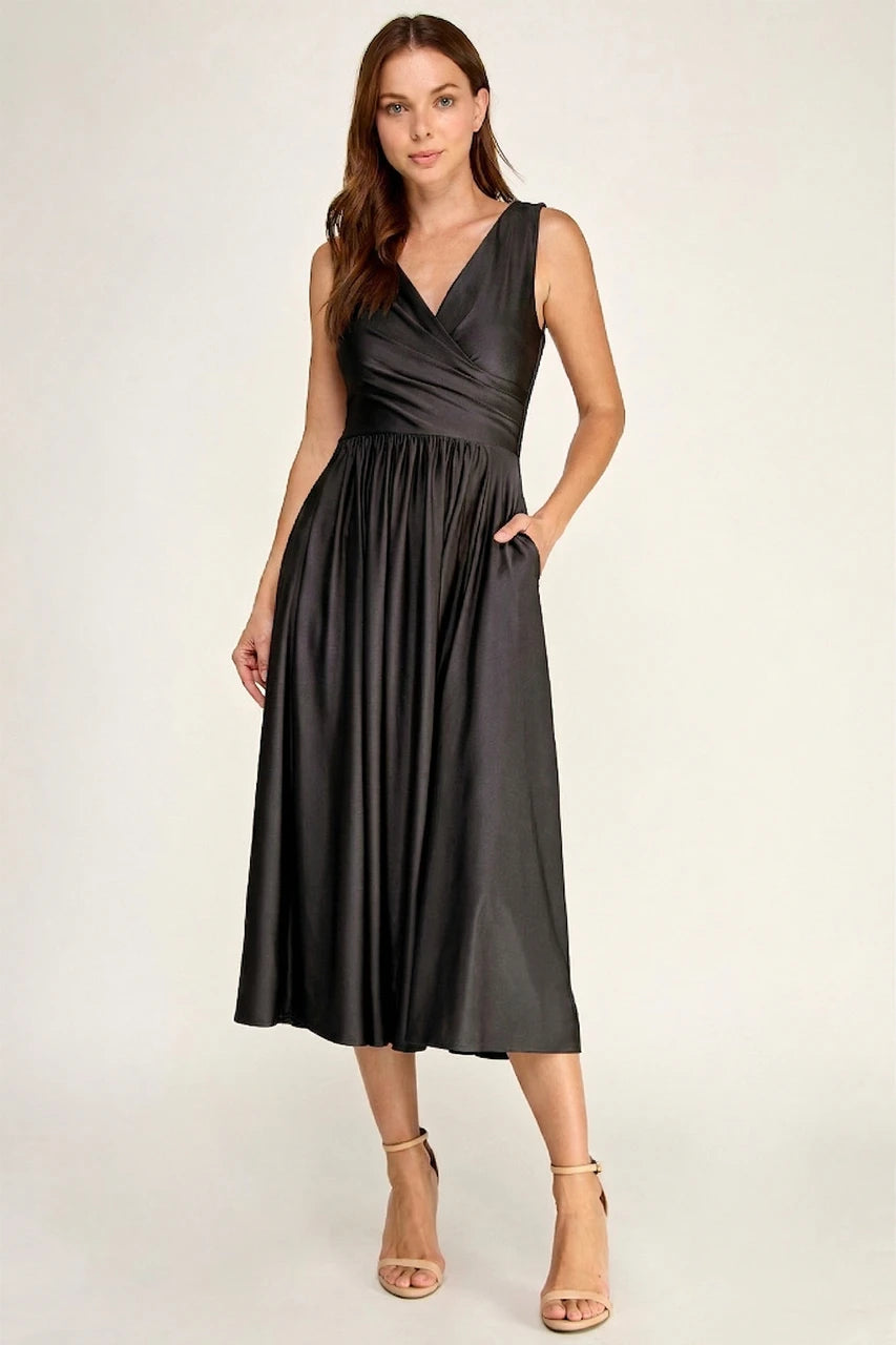 Sleeveless V-Neck Pleated Bodice A-Line Midi-Length Cocktail Dress by Perrty 3131