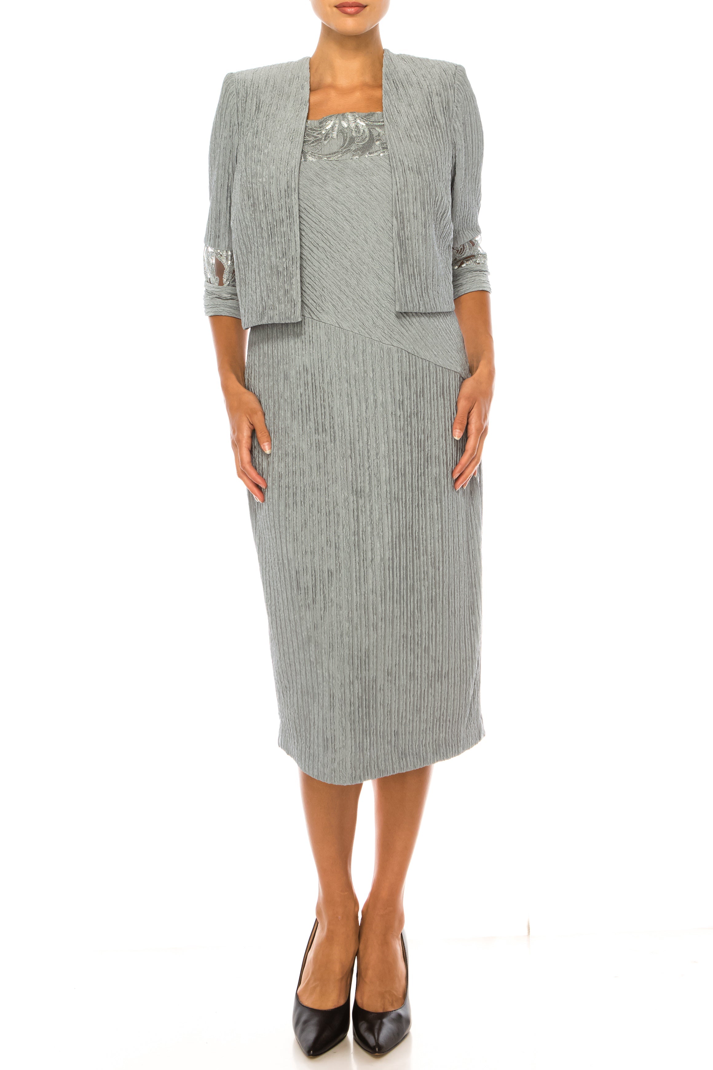 Brianna Milay 4118 Square Neck Embroidered Sequin Sheath Dress with Cropped Jacket