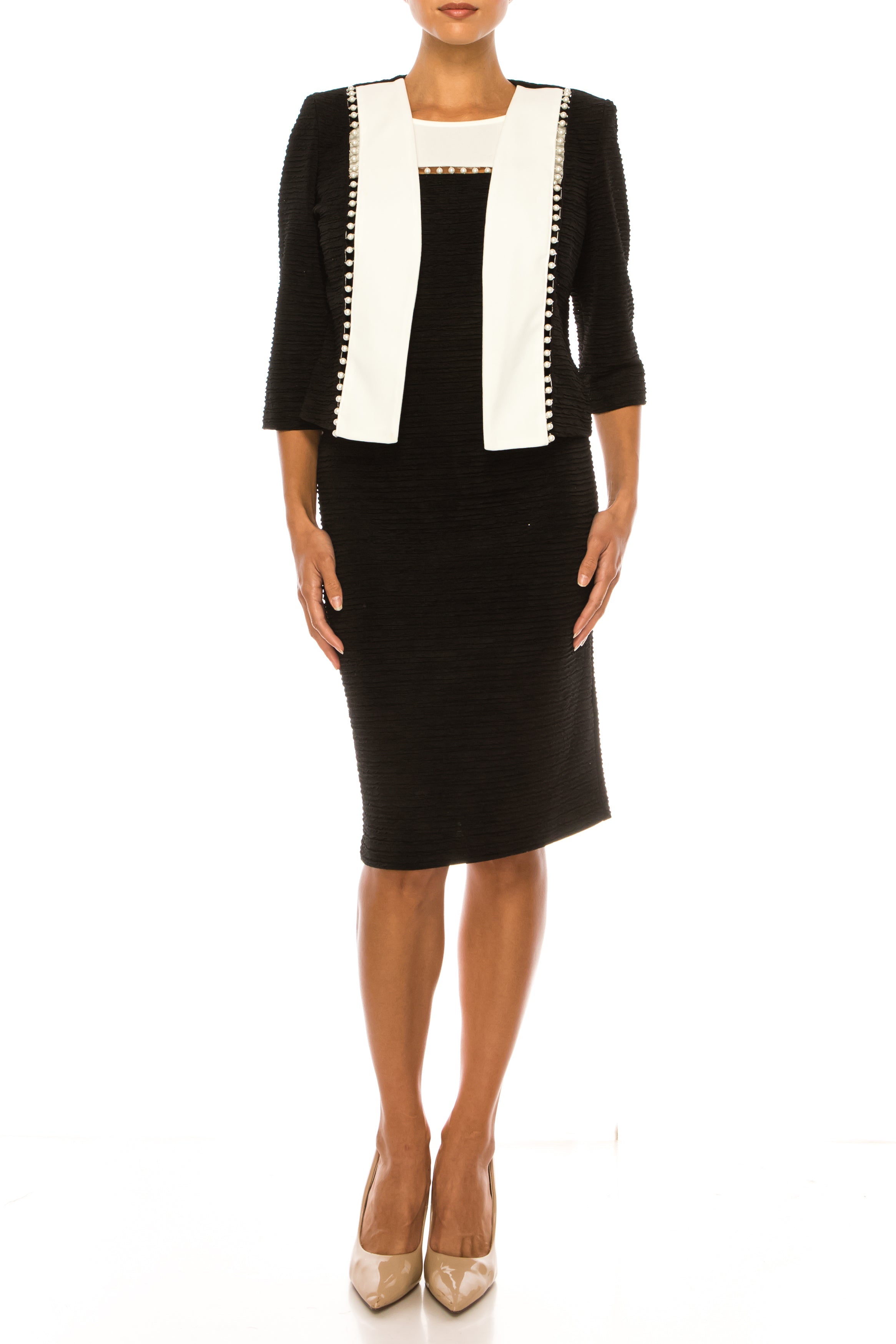 Brianna Milay 4130 Pearl Accent Colorblock Sheath Dress with Cropped Jacket