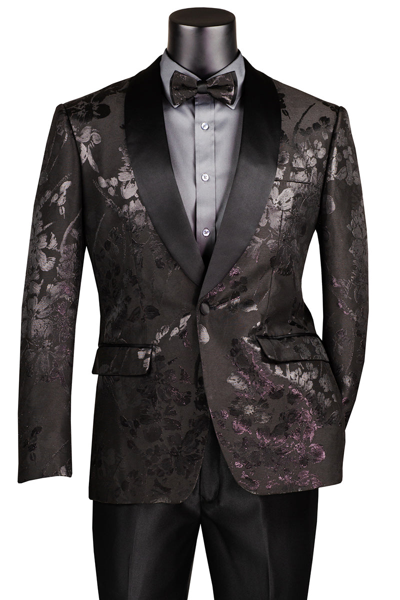 Chaqueta de esmoquin para hombre, de color negro, con estampado floral brillante y estampado de cachemira para graduación y boda.