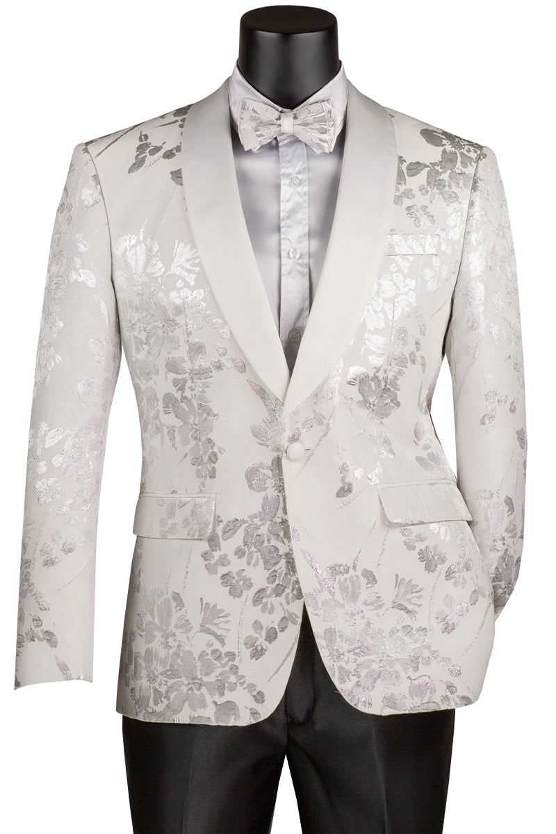 Chaqueta de esmoquin para hombre, para graduación y boda, con estampado floral brillante y cachemir en blanco