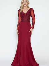 Long Sleeve Mother of the Bride Dress Beaded Evening Gown Lenovia 8323