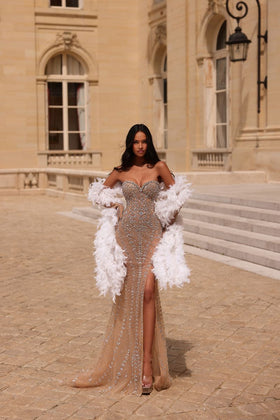 Chic and Holland AZ990066 Strapless Sweetheart Beaded Sheath Prom Gown with Slit and Feather Boa