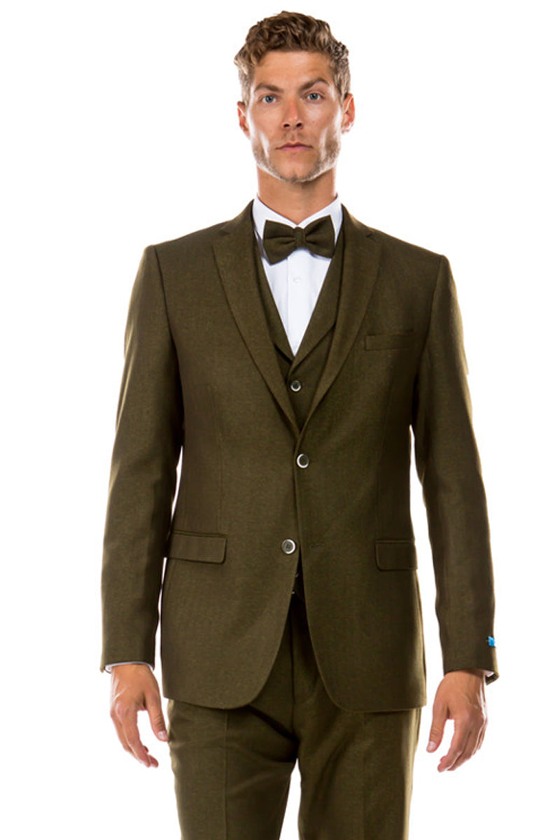 Traje de boda de tweed estilo vintage con dos botones y chaleco para hombre en verde oliva