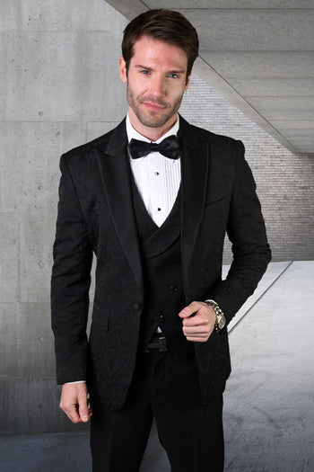 Esmoquin de diseño para hombre con estampado de cachemira a tono en negro para boda y graduación