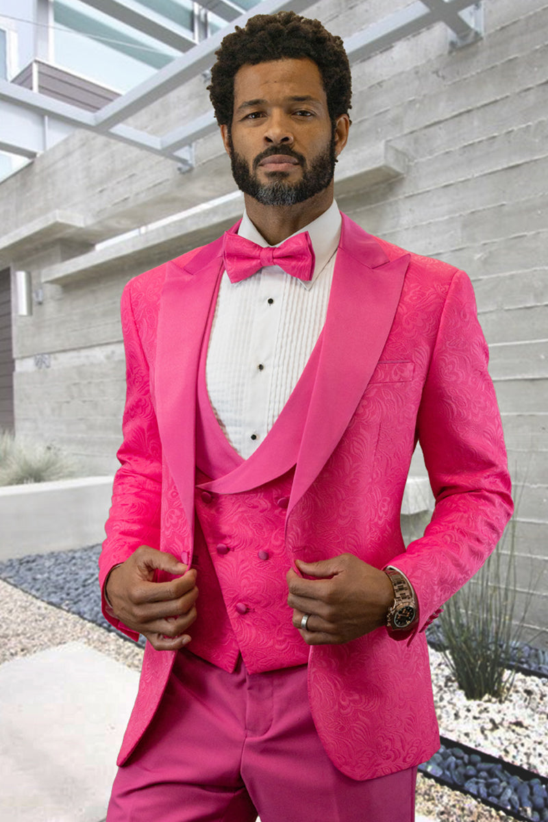 Esmoquin de diseño para hombre con estampado de cachemira a tono para boda y graduación en fucsia intenso.
