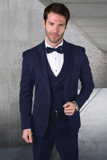 Esmoquin de diseño para hombre con estampado de cachemira a tono y chaleco para boda y graduación en azul marino