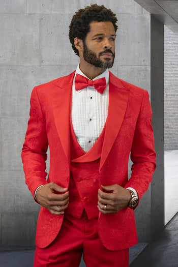 Esmoquin de diseño para hombre con estampado paisley a tono en rojo para boda y graduación