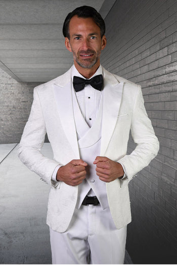 Esmoquin de diseño para hombre con estampado de cachemira a tono para boda y graduación en blanco