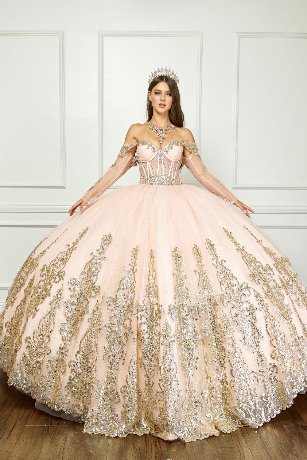 Off Shoulder Long Sleeve Ball Gown by Bella Princess PQ1065