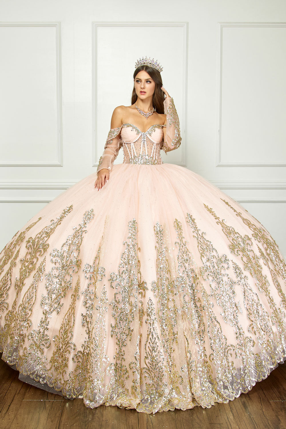 Off Shoulder Long Sleeve Ball Gown by Bella Princess PQ1065