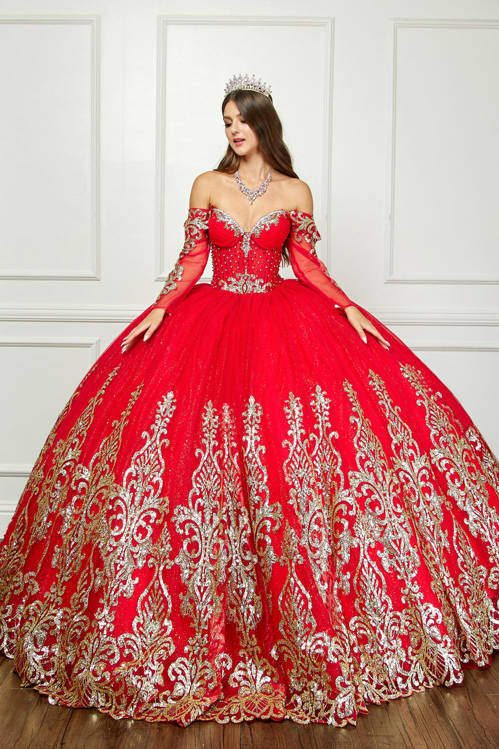 Off Shoulder Long Sleeve Ball Gown by Bella Princess PQ1065