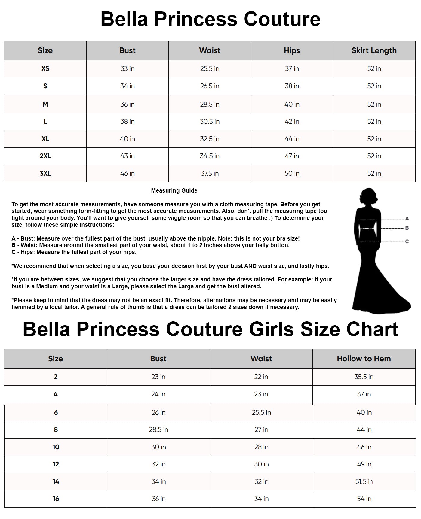 Bella Princess Size Chart