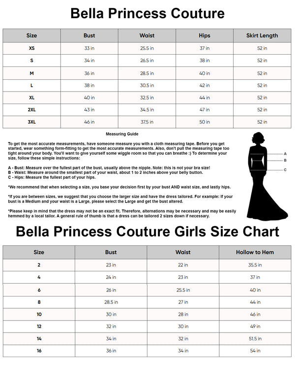 Bella Princess Size Chart
