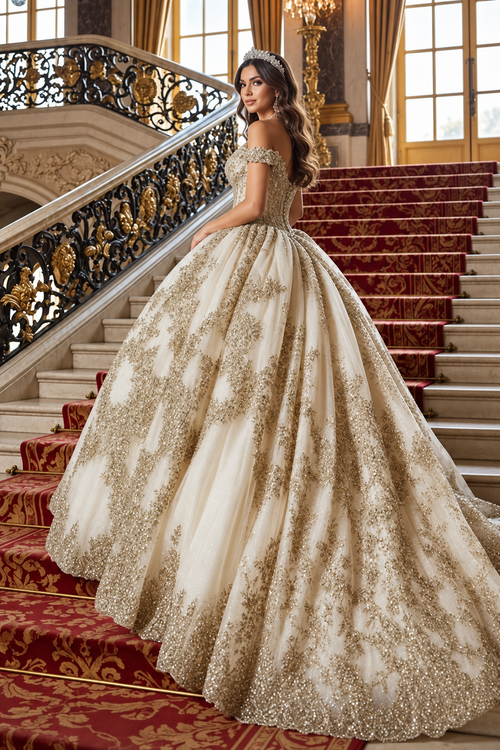 Applique Off Shoulder Quinceanera Dress Corset Ball Gown with Train by Bella Princess PQ1055