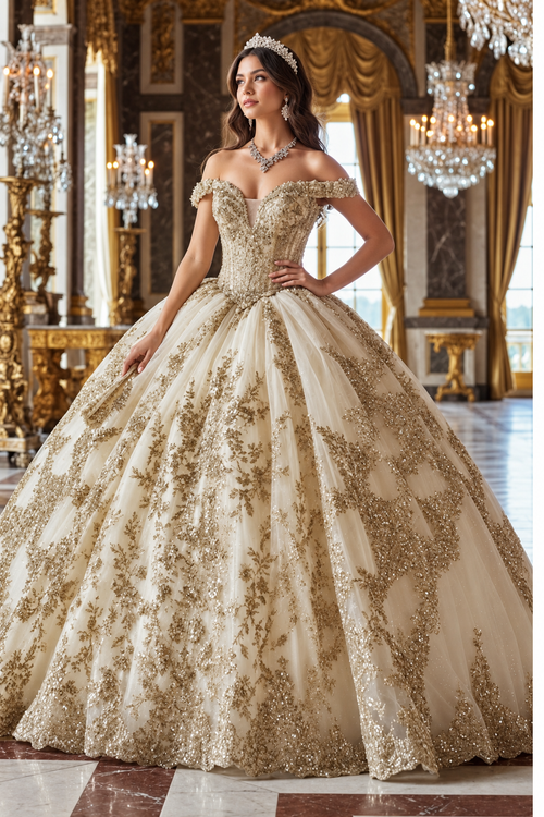 Applique Off Shoulder Quinceanera Dress Corset Ball Gown with Train by Bella Princess PQ1055