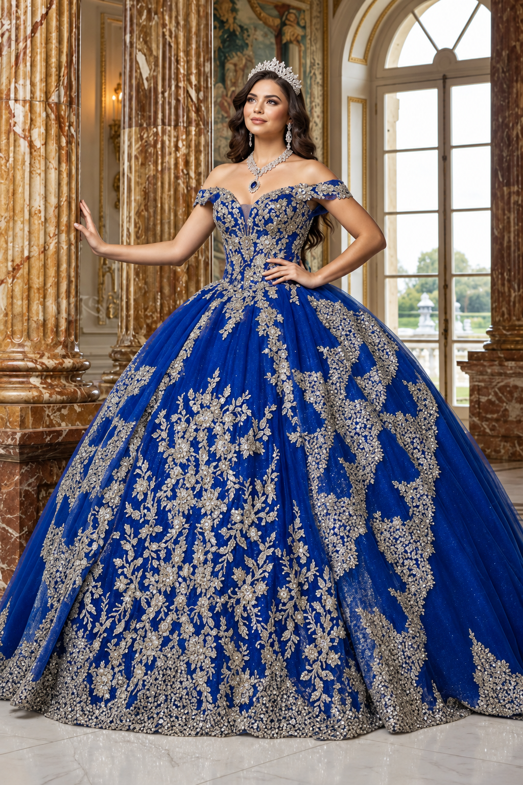 Applique Off Shoulder Quinceanera Dress Corset Ball Gown with Train by Bella Princess PQ1055