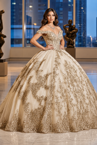 Applique Off Shoulder Quinceanera Dress Corset Ball Gown with Train by Bella Princess PQ1055