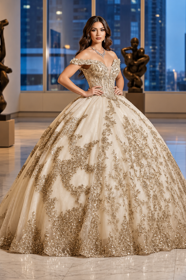 Applique Off Shoulder Quinceanera Dress Corset Ball Gown with Train by Bella Princess PQ1055