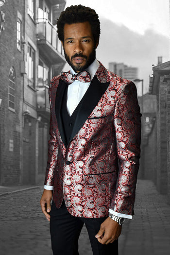 Esmoquin de satén con un botón y estampado paisley para hombre, para graduación y boda, en rojo
