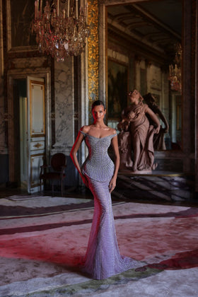 Chic and Holland HF110687 Off-the-Shoulder Beaded Sheath Evening Gown with Peplum