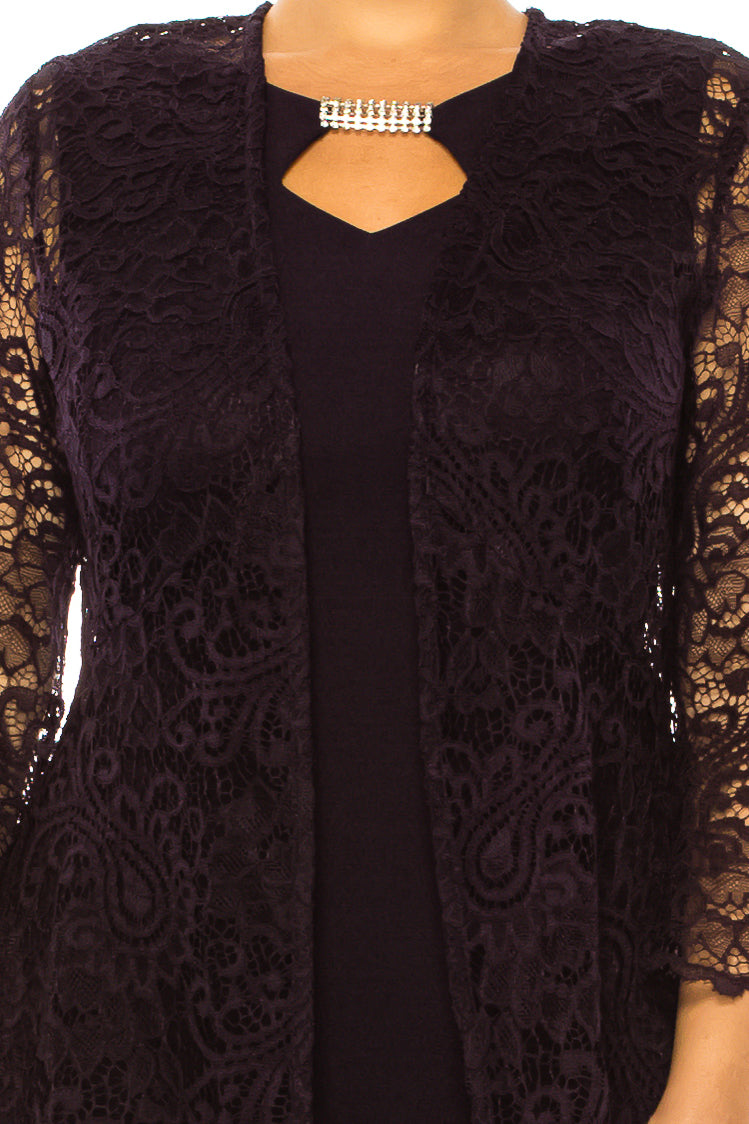 Brianna Milay 28907 Rhinestone Keyhole Sheath Dress with Lace Duster Jacket