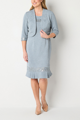 Brianna Milay 28981 Embroidered Sequin Sheath Dress with Pleated Hem and Collarless Jacket