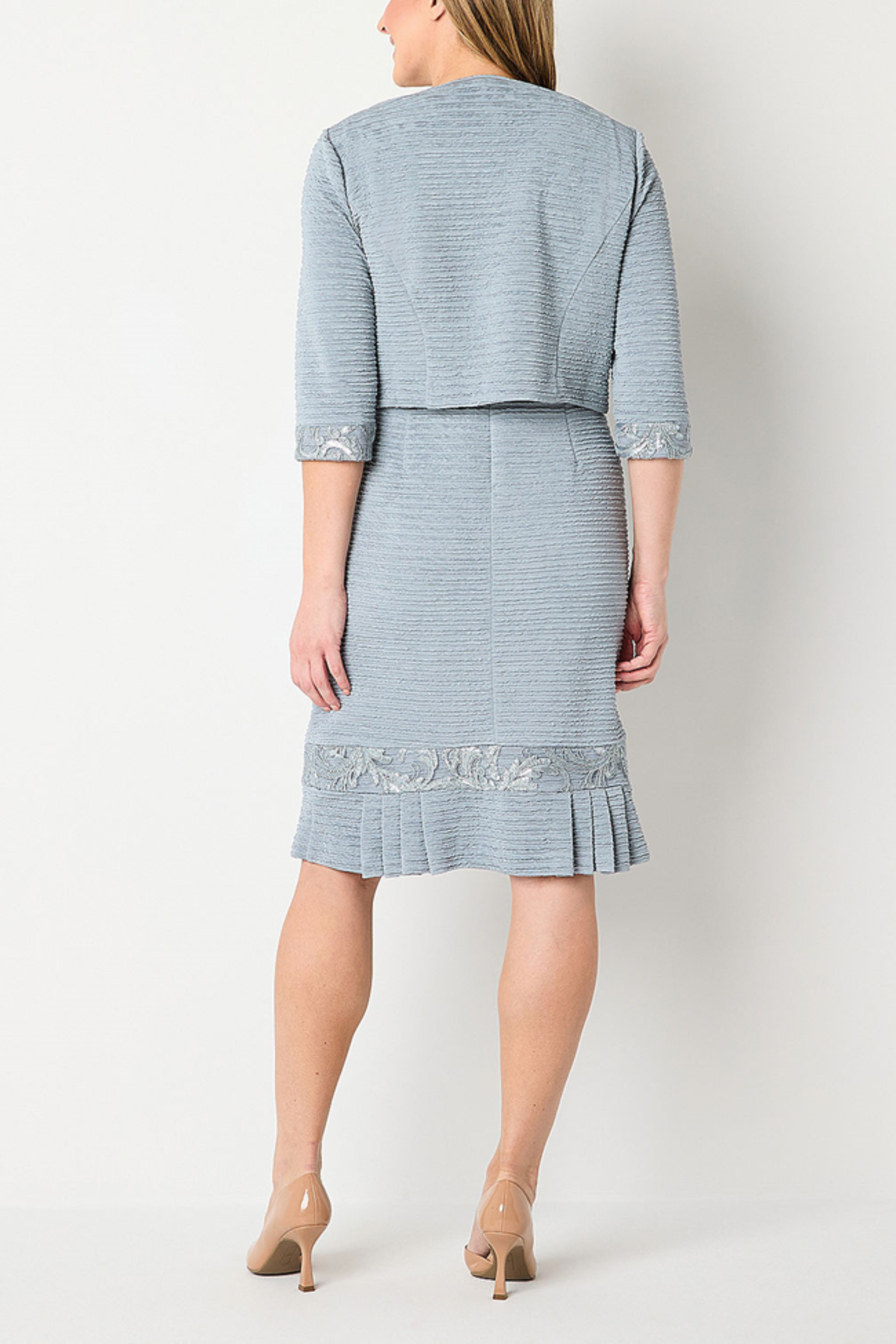 Brianna Milay 28981 Embroidered Sequin Sheath Dress with Pleated Hem and Collarless Jacket