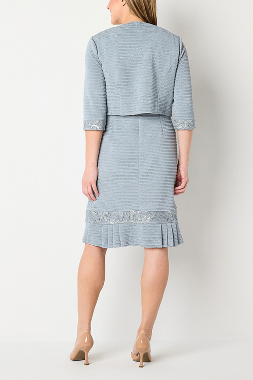 Brianna Milay 28981 Embroidered Sequin Sheath Dress with Pleated Hem and Collarless Jacket