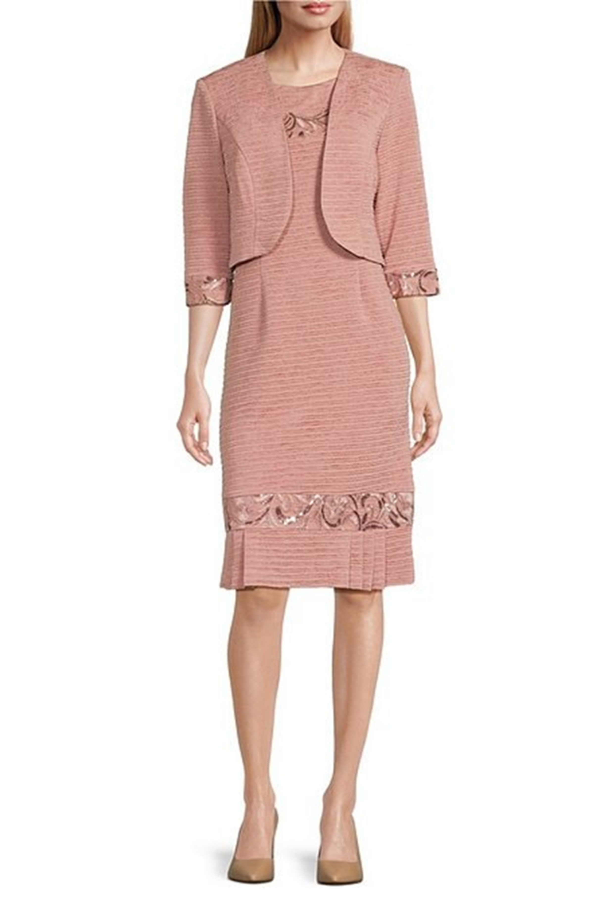 Brianna Milay 28981 Embroidered Sequin Sheath Dress with Pleated Hem and Collarless Jacket