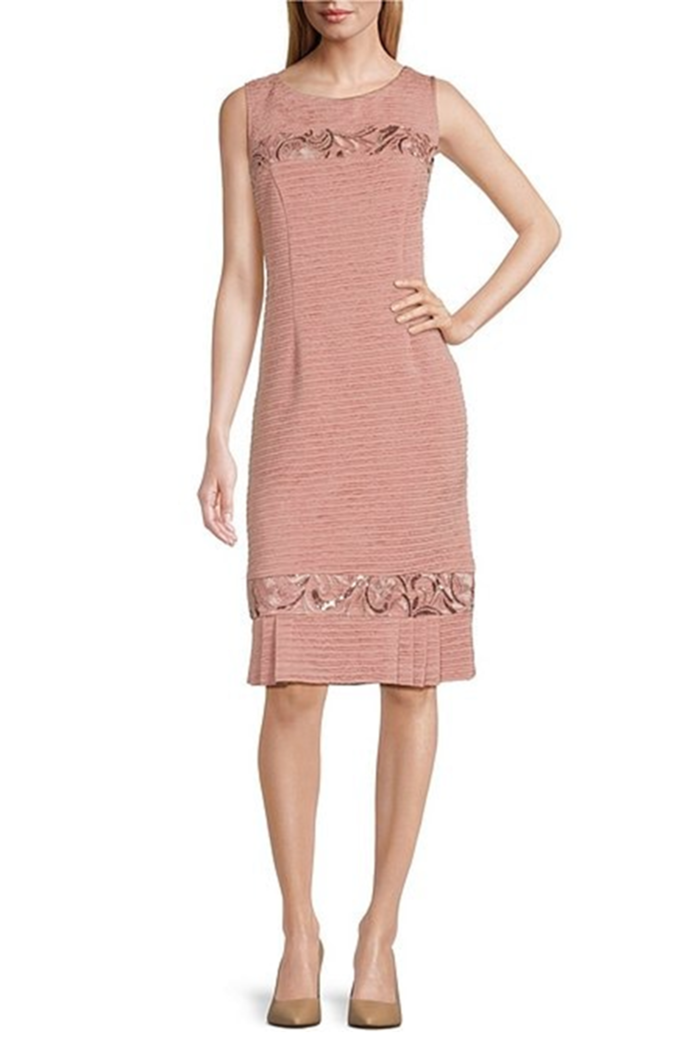 Brianna Milay 28981 Embroidered Sequin Sheath Dress with Pleated Hem and Collarless Jacket