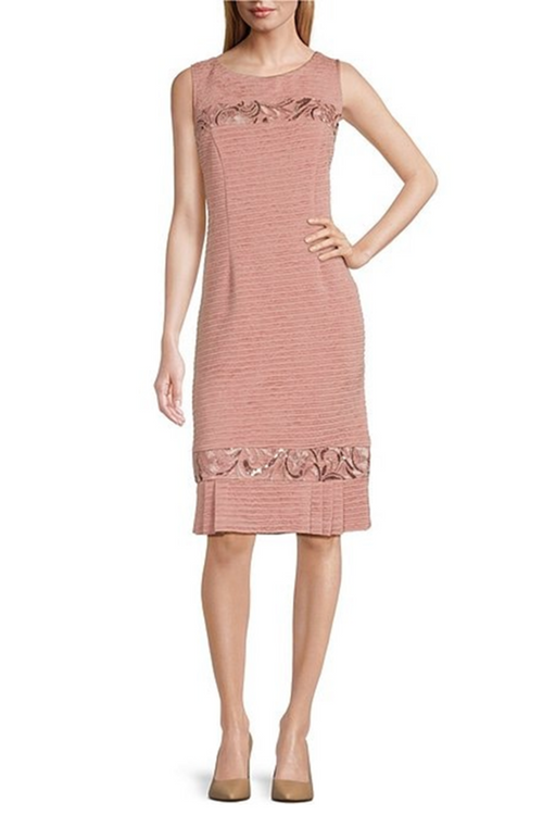 Brianna Milay 28981 Embroidered Sequin Sheath Dress with Pleated Hem and Collarless Jacket