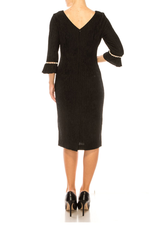 Brianna Milay 4023 Pearl Accent Boat Neck Sheath Dress with 3/4 Sleeves