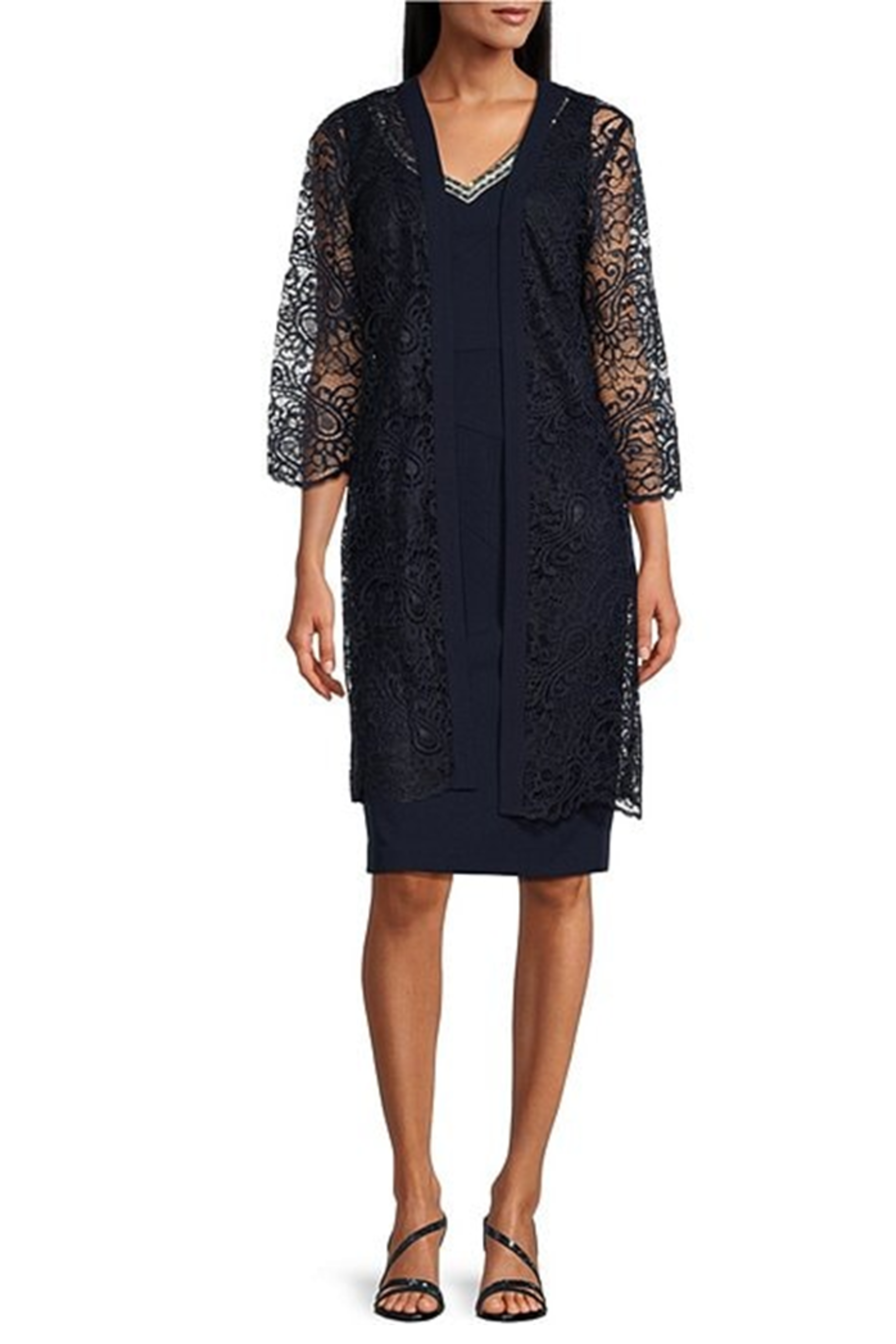 Brianna Milay 4081 Beaded V-Neck Sheath Dress with Lace Duster Jacket