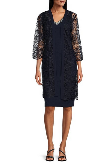 Brianna Milay 4081 Beaded V-Neck Sheath Dress with Lace Duster Jacket