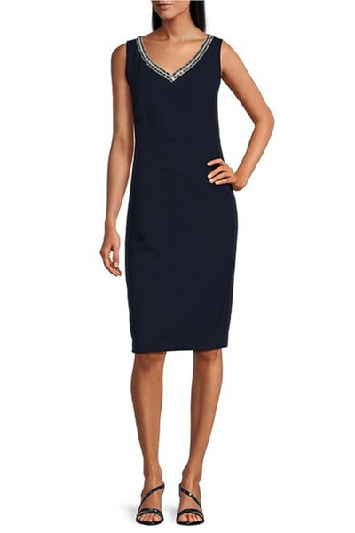 Brianna Milay 4081 Beaded V-Neck Sheath Dress with Lace Duster Jacket