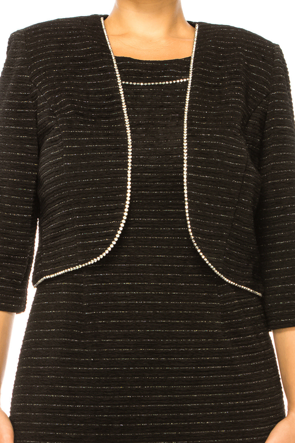 Brianna Milay 4103 Boat Neck Metallic Stripe Rhinestone Sheath Dress with 3/4 Sleeve Jacket