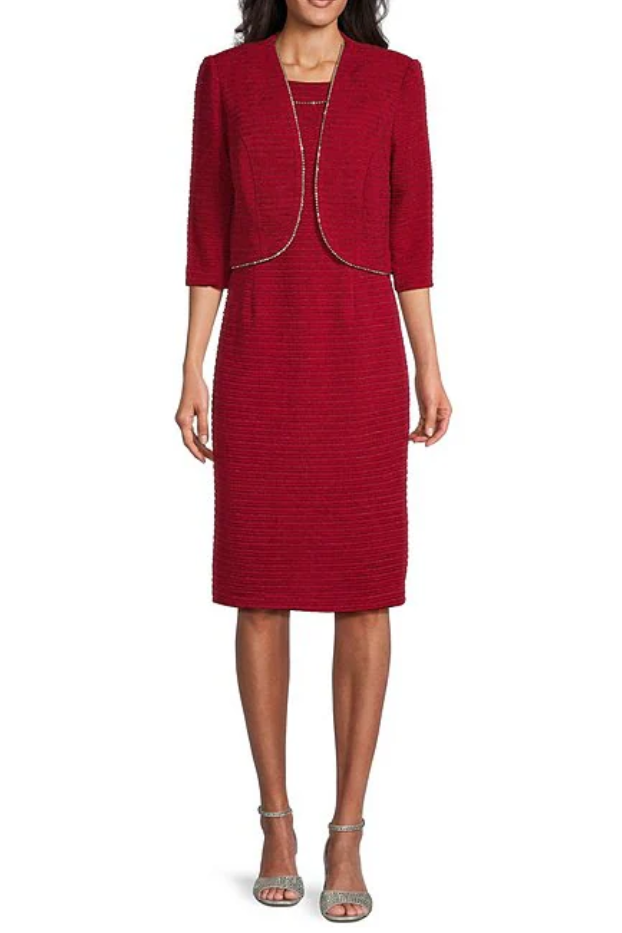 Brianna Milay 4103 Boat Neck Metallic Stripe Rhinestone Sheath Dress with 3/4 Sleeve Jacket