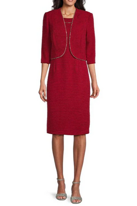Brianna Milay 4103 Boat Neck Metallic Stripe Rhinestone Sheath Dress with 3/4 Sleeve Jacket