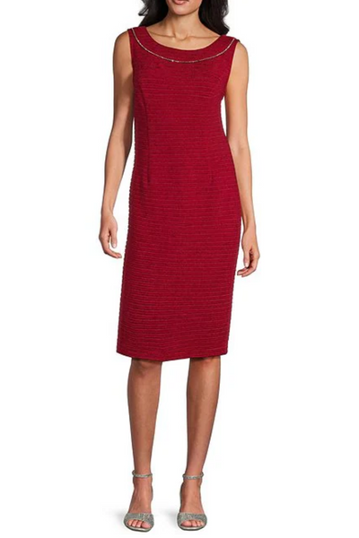 Brianna Milay 4103 Boat Neck Metallic Stripe Rhinestone Sheath Dress with 3/4 Sleeve Jacket