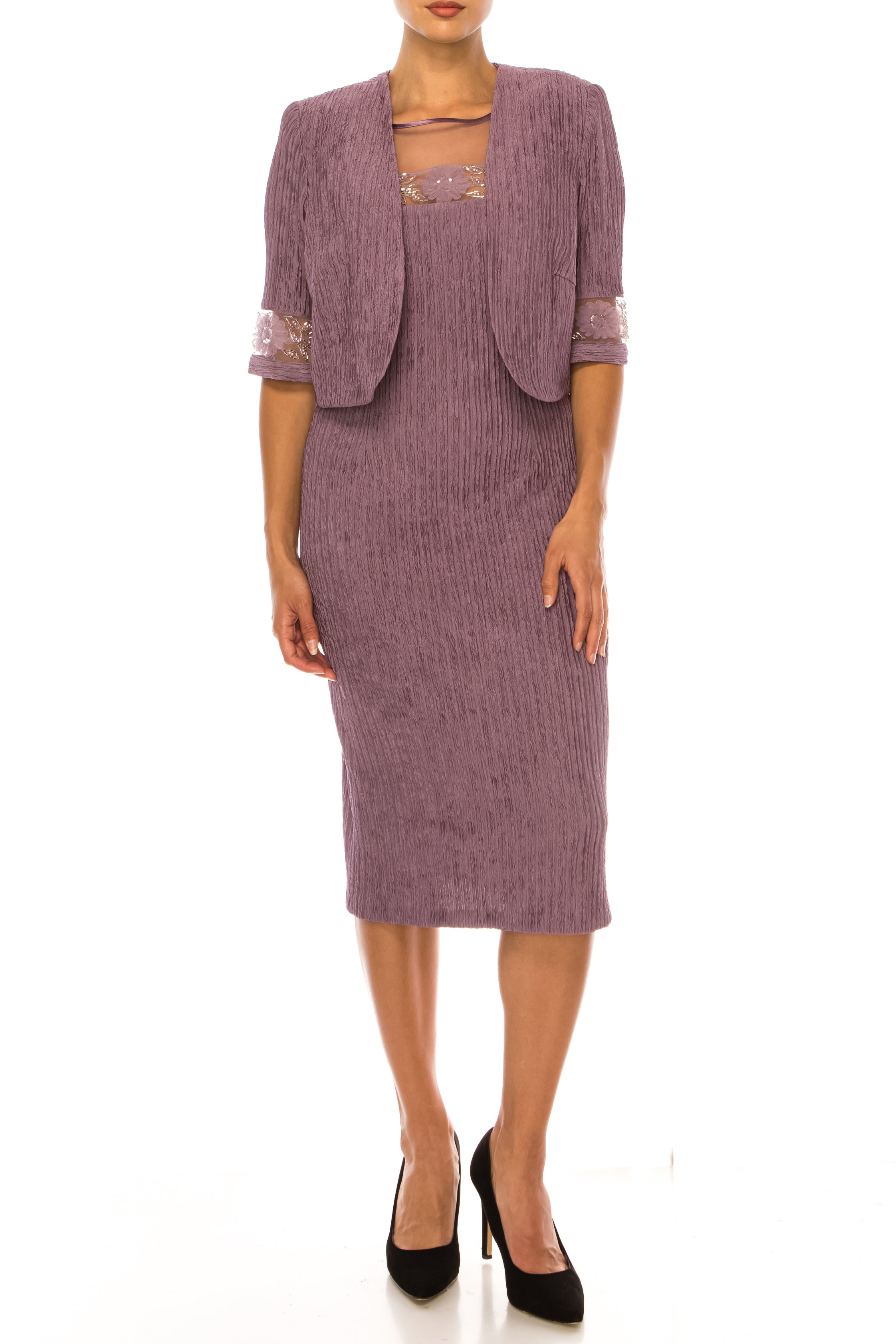 Brianna Milay 4166 Floral Beaded Mesh Sleeve Sheath Dress with Bolero Jacket