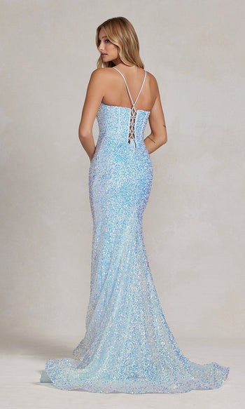 Vestido de fiesta largo con lentejuelas y escote en V profundo C1094 con espalda de corsé