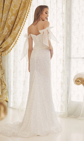 Long White Sequin Formal Gown with Statement Bow Sleeves